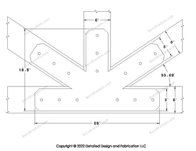 Fan Brackets for 6 inch beams - 5 inch Large centered joint - Chamfered - Centered style holes - BarnBrackets.com