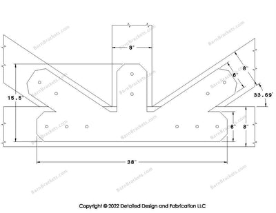 Fan Brackets for 8 inch beams - 6 inch Regular offset bottom joint - Chamfered - Centered style holes - BarnBrackets.com