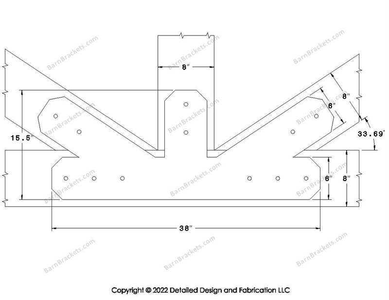 Fan Brackets for 8 inch beams - 6 inch Regular offset bottom joint - Chamfered - Centered style holes - BarnBrackets.com