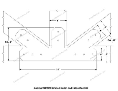 Fan Brackets for 8 inch beams - 6 inch Regular offset bottom joint - Chamfered - Centered style holes - BarnBrackets.com