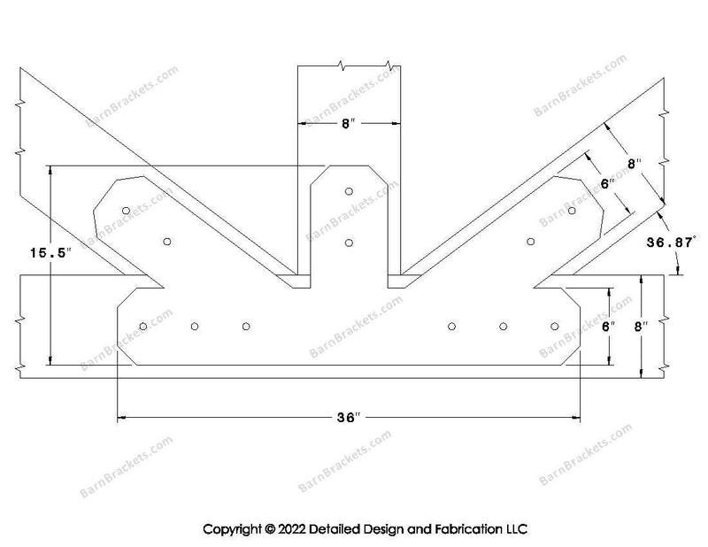 Fan Brackets for 8 inch beams - 6 inch Regular offset bottom joint - Chamfered - Centered style holes - BarnBrackets.com