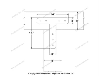 T shaped Brackets for 8 inch beams - Chamfered - Centered style holes - BarnBrackets.com