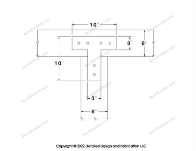 T shaped Brackets for 6 inch beams - Square - Centered style holes - BarnBrackets.com