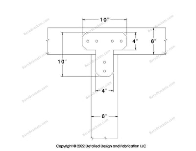 T shaped Brackets for 6 inch beams - Chamfered - Centered style holes - BarnBrackets.com