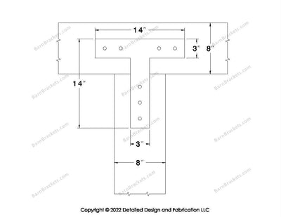 T shaped Brackets for 8 inch beams - Square - Centered style holes - BarnBrackets.com