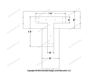T shaped Brackets for 8 inch beams - Chamfered - Triangular style holes - BarnBrackets.com