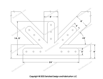This is a middle fan bracket for a timber frame truss.  These steel brackets are for 6 inch timber beams.  This is the large size with chamfered corners.  Dimensions are for a 12-12 pitch roof.